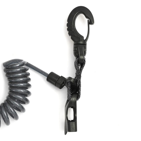 Offshore Kayak And Spearfishing Stainless Steel Fish Stringer Clip With 36 Inch Steel Core Lanyard, black clip and coiled lanyard.
