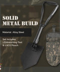 Rugged Folding Camping Shovel Set With ACU Pouch, Two Piece E Tool Entrenching Tool, Tri Fold Metal Alloy Shovel Built For Camping