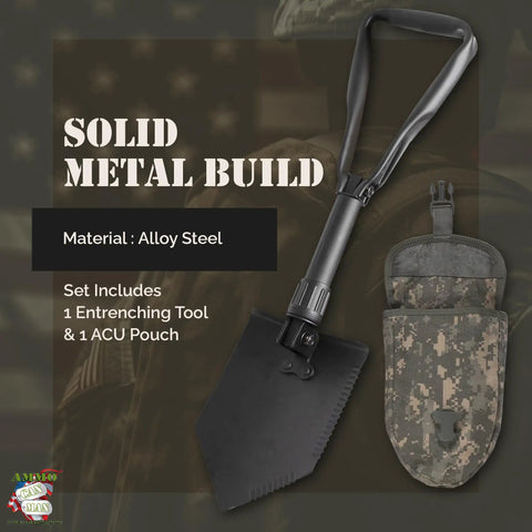 Rugged Folding Camping Shovel Set With ACU Pouch, Two Piece E Tool Entrenching Tool, Tri Fold Metal Alloy Shovel Built For Camping