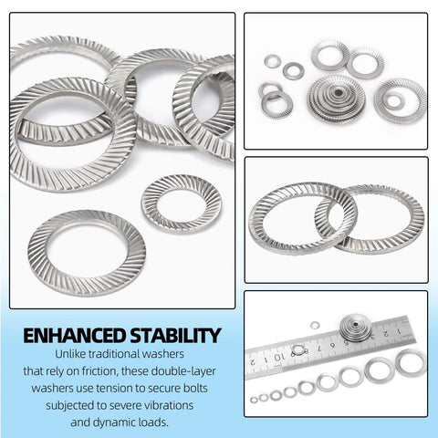 Lock washers set: 160 pieces of 304 stainless steel double-sided wedge lock washers in M3–M16 sizes for vibration resistance.