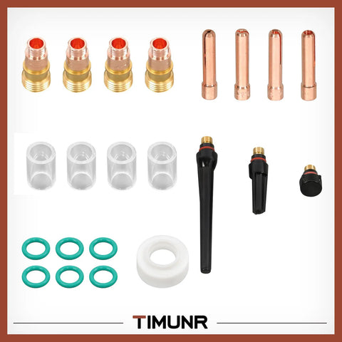Pro TIG Welder Kit 22 Piece Set With Stubby Gas Lens And Clear Glass Cups For WP 17 18 26 components displayed