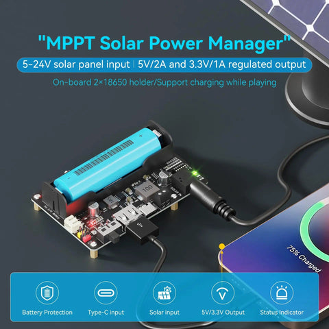 MPPT Solar Charging Controller For 5 To 24V Panels, USB C Fast Charge For 3.7V Li Ion Batteries connected to solar panel