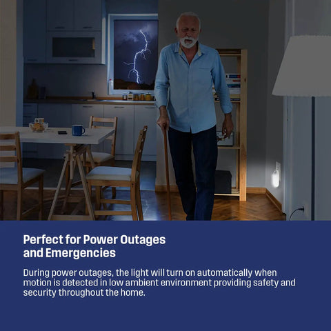 Man with cane in dim living room during storm, using 3 Pack 4 in 1 Power Outage Night Light With Motion Sensor Auto Dim Rechargeable Emergency LED Flashlight Plug In Great For Emergency Preparedness And Survival Kits