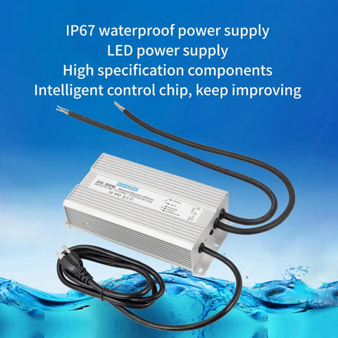24V 800W IP67 Waterproof LED Driver Power Supply For Outdoor Lighting, Ultra Quiet And 91 Percent Efficient DC Output, 90 To 130V AC Input At 50 To 60Hz, Compact 9.25 Inch Long By 4.72 Inch Wide By 2.2 Inch High. Silver metal housing with cables
