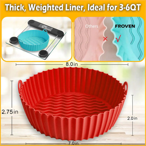 Round 8 Inch Silicone Air Fryer Liners 2 Pack Red And Cyan Nonstick Reusable Heat Resistant Dishwasher Safe For 3 Qt to 6 Qt Fryers