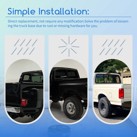 Heavy Duty Truck Bed To Frame Bolt And Nut Kit For Ford F150 F250 F350 1987 To 1996 shown with easy installation on black and white trucks.