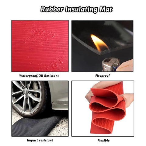 Heavy Duty High Voltage Insulating Rubber Mat For Electricians And Workshop Crews, showing waterproof, fireproof, impact resistant features.