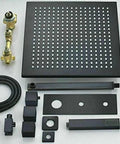 Kick Back And Soak With This Slick Wall Mounted Led Rain Shower Head And Thermostatic Mixer Valve Plus Six Massage Body Sprays And Handheld Combo Set showing black shower components and fittings.