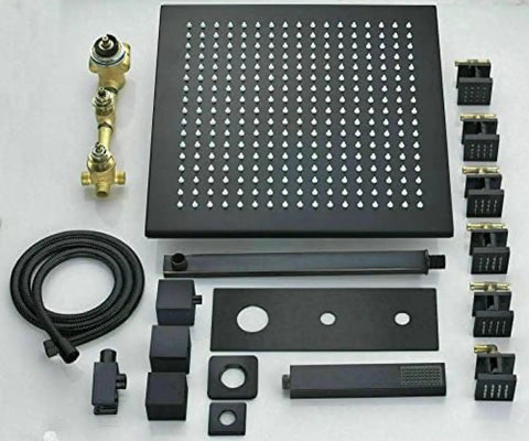 Kick Back And Soak With This Slick Wall Mounted Led Rain Shower Head And Thermostatic Mixer Valve Plus Six Massage Body Sprays And Handheld Combo Set showing black shower components and fittings.