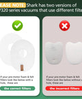Comparison of foam and felt filters for Rocket Ultra-Light Vacuum, correct and incorrect types for HV320 series shown.