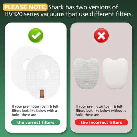 Comparison of foam and felt filters for Rocket Ultra-Light Vacuum, correct and incorrect types for HV320 series shown.