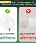 Comparison of correct and incorrect foam & felt filters for HV320 series vacuums, with correct filters marked with a green tick.