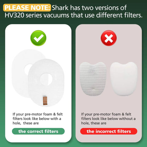 Comparison of correct and incorrect foam & felt filters for HV320 series vacuums, with correct filters marked with a green tick.