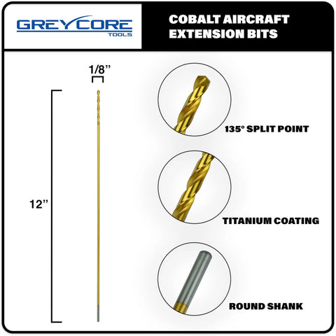 M35 Cobalt Drill Bit One Eighth By Twelve Inch Heavy Duty Tool For Steel And Hard Metal with 135° split point and titanium coating.