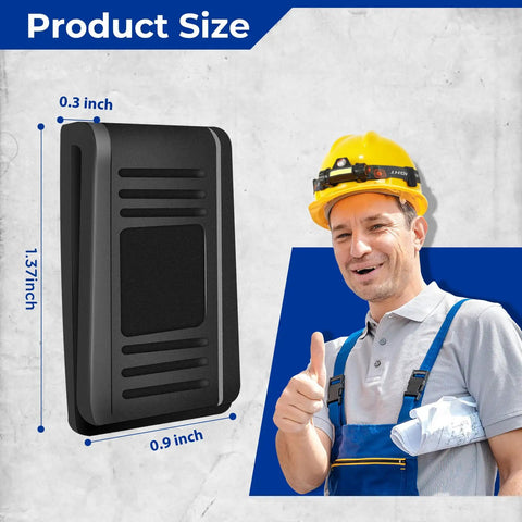 Hard Hat Headlamp Clips 20 Pack With 3M Adhesive and dimensions alongside worker with helmet