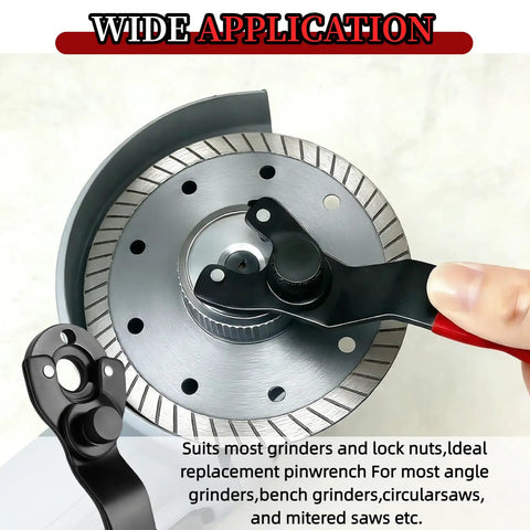 Adjustable Pin Spanner Wrench For Angle Grinders with rubber grip, adjusts from 10 to 40 mm, fitting various power tools.