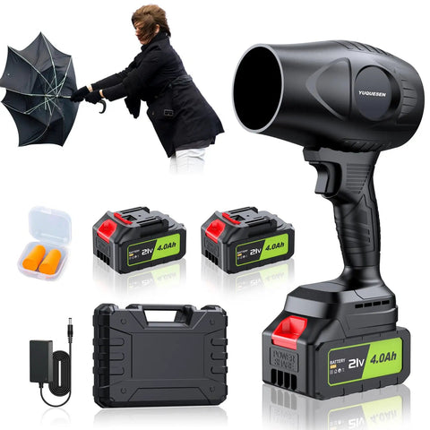 Beast Of A Cordless Leaf Blower With 980000 RPM Turbine Motor, 21V Dual 4.0Ah Batteries And Fast Charger, accessories shown.