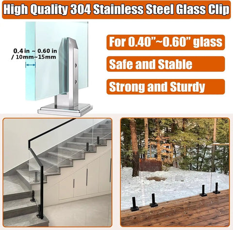 Rock Solid Square Glass Pin Clamps For Zero Drill Hassle Premium 304 Stainless Steel Railing Post Fittings with glass clip