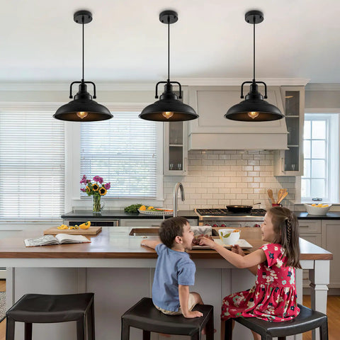 Kitchen with Black Pendant Light Set Of 3, 12.5 Inch Industrial Farmhouse Pendant Lighting over island, modern rustic decor