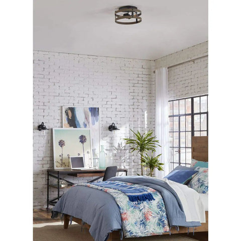 Gulliver Collection 2-Light Weathered Gray Farmhouse Flush Mount Ceiling Light in modern bedroom setting.