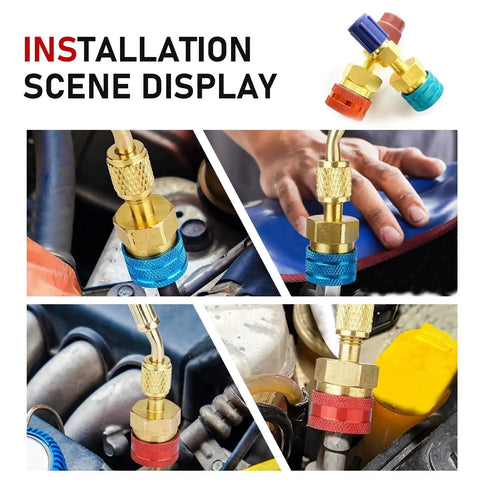 Top Shelf Two Piece R1234YF To R134A Quick Couplers Kit with gold brass adapters displayed in vehicle AC system installation.