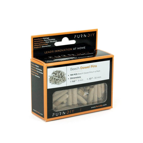 Heavy Duty Fluted Wooden Dowel Pins 100 Piece Set With Smooth Beveled Tips for Zero Drama Woodworking Joints, packed display.