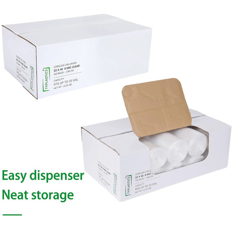Box of 33 Gallon Clear Trash Liners, Heavy Duty High Density Garbage Bags, 33 By 40 Inches, 500 Count, with easy dispenser