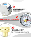2.5 Inch Dial Water Pressure Gauge With Three Quarters Inch Female Hose Thread Waterproof Pressure Tester For Home And Garden Memory Pointer 0 To 100 Psi Durable Stainless Steel Case showing stainless steel, memory pointer, and brass joint