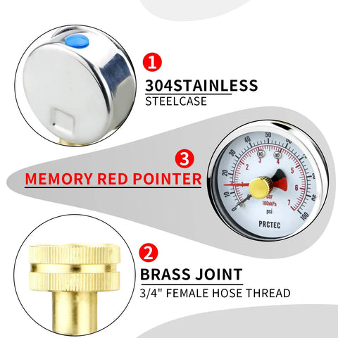 2.5 Inch Dial Water Pressure Gauge With Three Quarters Inch Female Hose Thread Waterproof Pressure Tester For Home And Garden Memory Pointer 0 To 100 Psi Durable Stainless Steel Case showing stainless steel, memory pointer, and brass joint