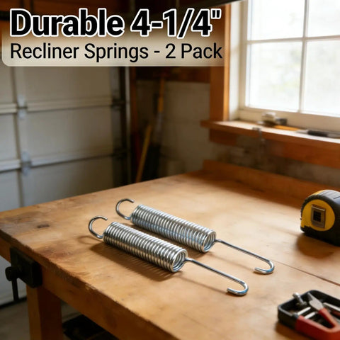 2 Pack Premium Recliner Springs 4 Inch Hook To Hook Replacement Parts Built Tough For Lazy Boy Lane Sofa Chair Mechanism Repairs on a workbench.