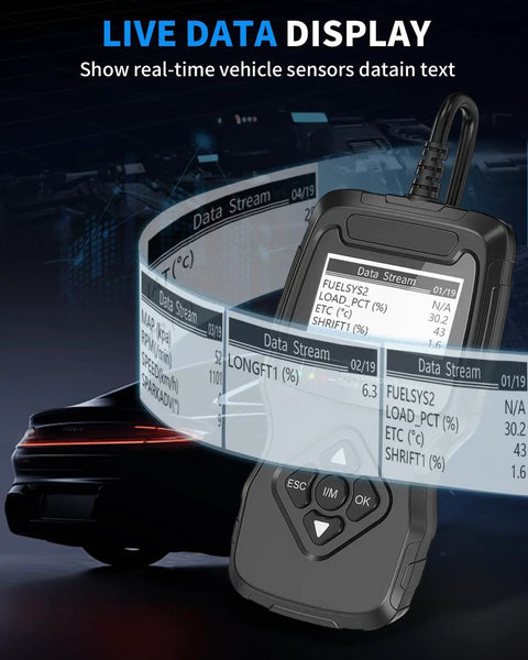 OBD2 Diagnostic Scanner For All Vehicles After 1996 With IM Readiness Real Time Data Stream Battery Health Tester Check Engine Light Reset And Diagnostic Code Reader Tool OBDII EOBD Scanner For Easy Quick Troubleshooting showing live data display with car diagram