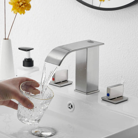 Brushed Nickel Widespread Bathroom Faucet With 3 Holes And 2 Handles Dope Modern Waterfall Sink Faucet With Pop Up Drain