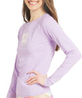 Woman wearing Womens UPF 50 Long Sleeve Rash Guard Swim Tee For Surf And Beach Peaceful Lilac Swimsuit Top With Quick Dry Fabric