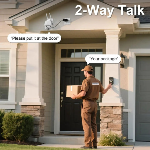 Delivery person using two-way audio feature on 4MP HD Plug In Outdoor Security Camera With Dual Band WiFi, mounted by door.