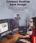 Plug And Play Thunderbolt 5 Docking Station Boasting 180W Output For Smooth Triple 8K Displays And Snappy Data Transfers For High Performance Workstation Setups Black with 11 ports on modern desk.