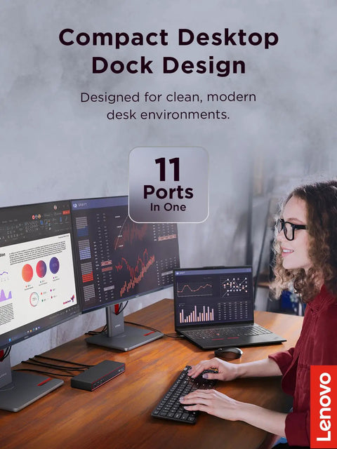 Plug And Play Thunderbolt 5 Docking Station Boasting 180W Output For Smooth Triple 8K Displays And Snappy Data Transfers For High Performance Workstation Setups Black with 11 ports on modern desk.
