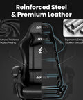 Racing Style Gaming Chair With Pull-Out Footrest And Lumbar Support, reinforced steel, premium leather for long gamer sessions.