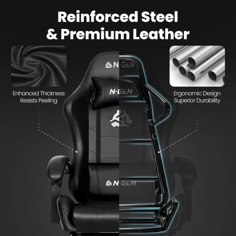 Racing Style Gaming Chair With Pull-Out Footrest And Lumbar Support, reinforced steel, premium leather for long gamer sessions.