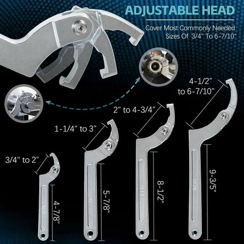 Adjustable Pin Spanner Wrench Set with 9 Piece C Spanner Heads, showing different sizes and adjustable head for suspension tweaks.