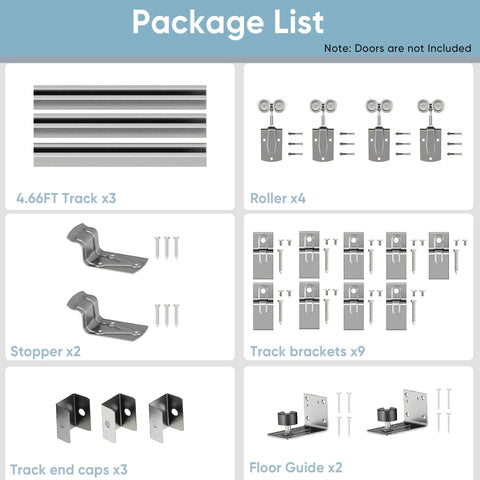 14ft Box Rail Exterior Barn Door Hardware Kit showing components: galvanized tracks, rollers, stoppers, brackets, caps, and guides.