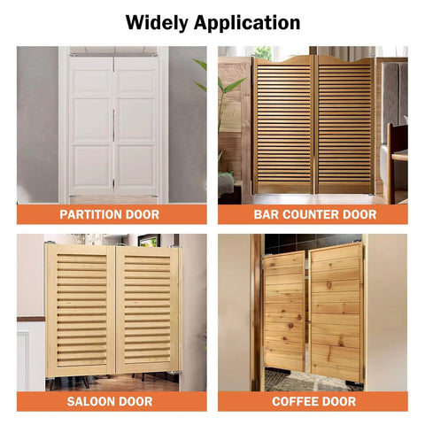 Various door types showing applications for Saloon Door Hinges Two Pack Double Action Stainless Steel Swing Hinge with self-return function.