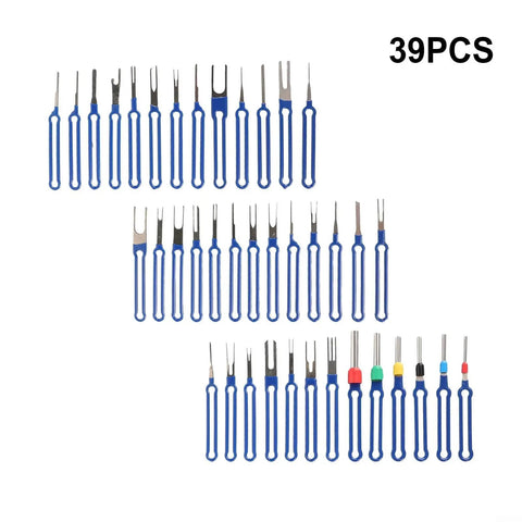 39 piece wire pin extractors with blue handles arranged in rows for automotive and household electronics use.