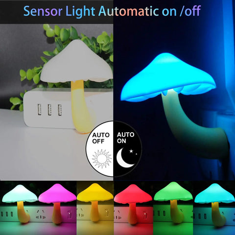 Two Pack LED Mushroom Night Lights Plug In Wall Lamps with 7 Color Changing Sensor glowing in various colors