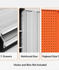 Heavy Duty Storage Cabinet With Built In Tool Drawer And Adjustable Shelves, Built To Last Reinforced Steel Construction For Tough Workshops, Keeps Screws Bits Tape Measures And Small Hardware Organized And Ready For Grab And Go Use. 1 drawer, reinforced door, pegboard