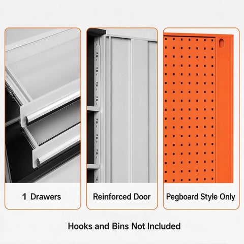 Heavy Duty Storage Cabinet With Built In Tool Drawer And Adjustable Shelves, Built To Last Reinforced Steel Construction For Tough Workshops, Keeps Screws Bits Tape Measures And Small Hardware Organized And Ready For Grab And Go Use. 1 drawer, reinforced door, pegboard