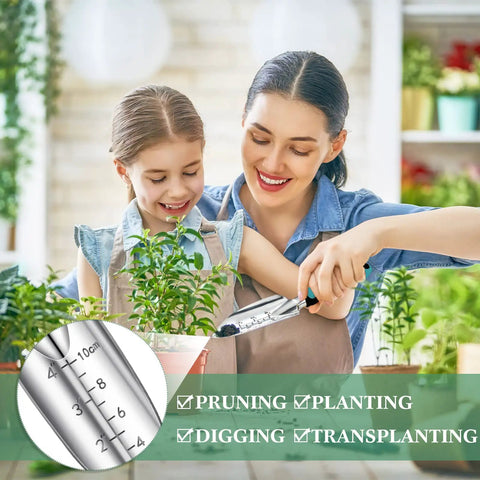 Two Piece Garden Hand Trowel Set With Aluminum Alloy Bodies And Rubber Handles Dual Style Cultivating Tools With Inches And Centimeters Depth Scales used by mother and daughter for garden planting and care