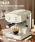 Straight Up Retro 20 Bar Espresso Machine With Integrated Milk Frother And ESE Pod Compatible Setup Featuring Pressure Gauge Plus 54 Oz Removable Water Tank For True Coffeeheads brewing espresso with clear glass cup on wooden counter.