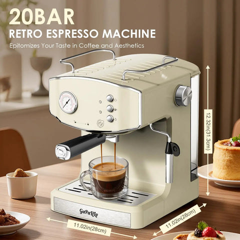 Straight Up Retro 20 Bar Espresso Machine With Integrated Milk Frother And ESE Pod Compatible Setup Featuring Pressure Gauge Plus 54 Oz Removable Water Tank For True Coffeeheads brewing espresso with clear glass cup on wooden counter.