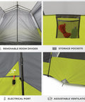 Interior views of Instant Cabin Tent for 9 People, Large Multi Room Family Pop Up Shelter With 2 Minute Setup; features storage pockets and removable divider.