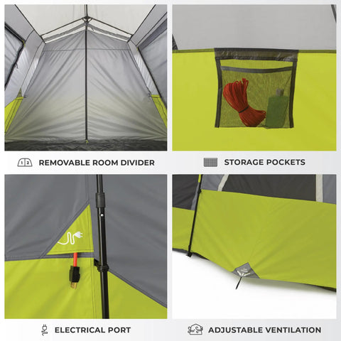 Interior views of Instant Cabin Tent for 9 People, Large Multi Room Family Pop Up Shelter With 2 Minute Setup; features storage pockets and removable divider.